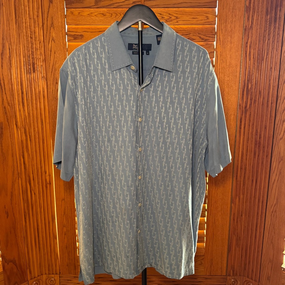 Nat Nast Luxury Originals Mens XL Blue 100% Silk Embroidered Bowling Shirt